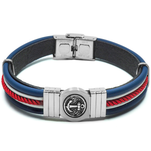 Bracelet Aetas - acier et cuir italien noir, bleu foncé et cordon rouge, ancre effet vieilli - William Spencer