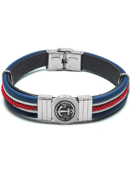 Bracelet Aetas - acier et cuir italien noir, bleu foncé et cordon rouge, ancre effet vieilli - William Spencer