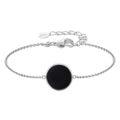 Bracelet argent rhodié - 2,5g -  Onyx - Pierre plate rond - 12mm - 15+5cm - LABISE Paris