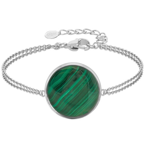 Bracelet argent rhodié - 3,2g -  Malachite - cabochon - 18mm - 15+5cm - LABISE Paris