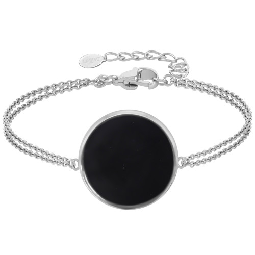 Bracelet argent rhodié - 3,2g -  Onyx - Pierre plate rond - 18mm - 15+5cm - LABISE Paris