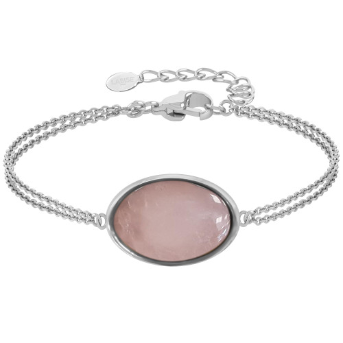 Bracelet argent rhodié - 3g -  Quartz Rose - cabochon - 12x18mm - 15+5cm - LABISE Paris