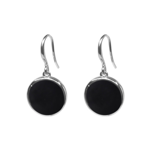 Boucles d'oreilles argent rhodié - 3,2g -  Onyx - Pierre plate rond - 12mm - LABISE Paris