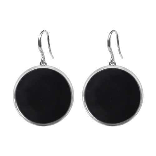 Boucles d'oreilles argent rhodié - 4,2g -  Onyx - Pierre plate rond - 18mm - LABISE Paris