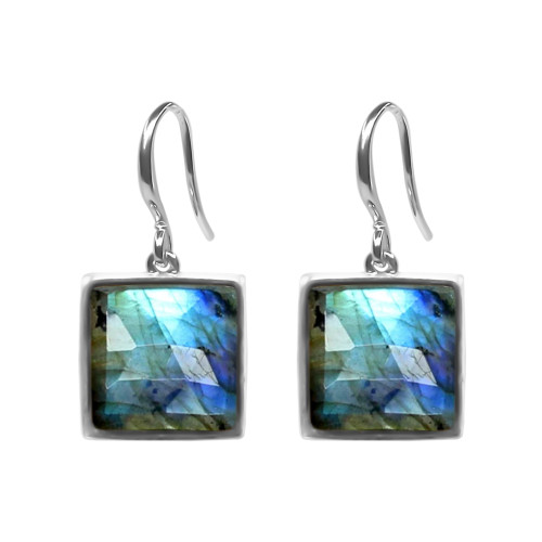 Boucles d'oreilles argent rhodié - 2,8g -  Labradorite - cabochon - 10x10mm - LABISE Paris