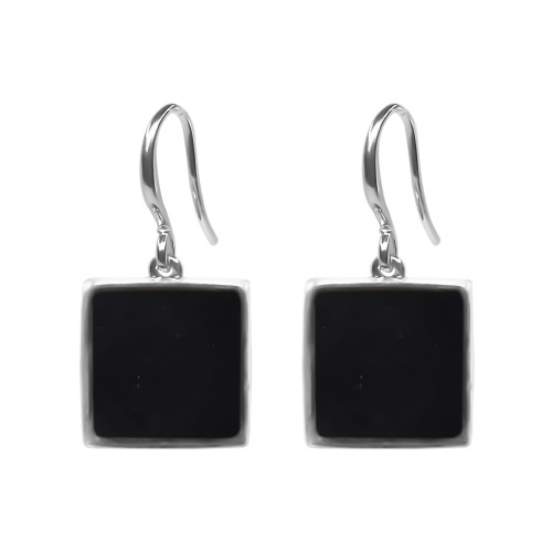 Boucles d'oreilles argent rhodié - 2,8g -  Onyx - pierre plate - 10x10mm - LABISE Paris