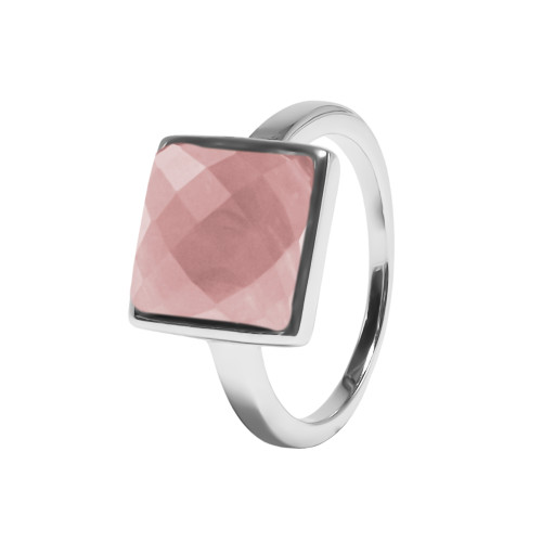 Bague argent rhodié - 3,2g -  Quartz Rose -  cabochon facetté - 10x10mm - T50 à 64 - LABISE Paris
