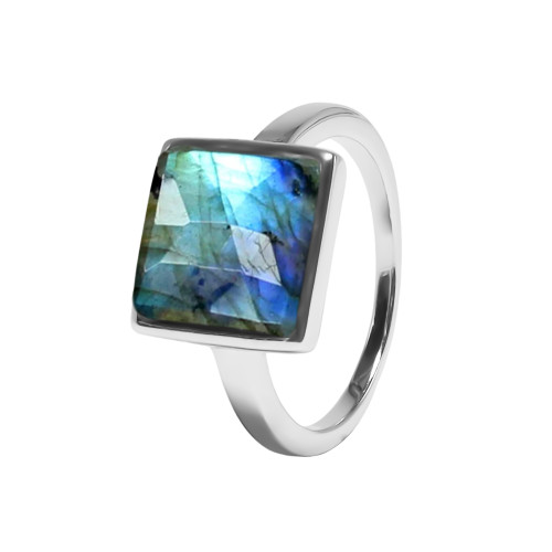 Bague argent rhodié - 3,2g -  Labradorite -  cabochon facetté - 10x10mm - T50 à 64 - LABISE Paris