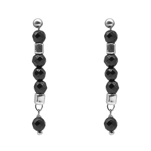 Boucles d'oreille argent rhodié 2,50g - collection zodiac - Capricorne -  Onyx 4mm facetté - 5cm - LABISE Paris