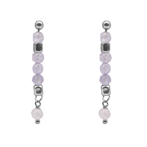Boucles d'oreille argent rhodié 2,50g - collection zodiac - Taureau -  Quartz rose 4mm facetté - 5cm - LABISE Paris