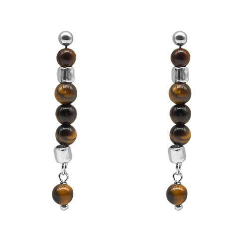 Boucles d'oreille argent rhodié 2,50g - collection zodiac - Gémeaux -  Œil de tigre 4mm - 5cm - LABISE Paris