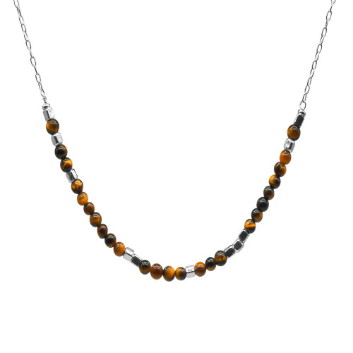 Collier argent rhodié 6,2g  - collection zodiac - Gémeaux -  Œil de tigre 4mm - 38+7cm - LABISE Paris