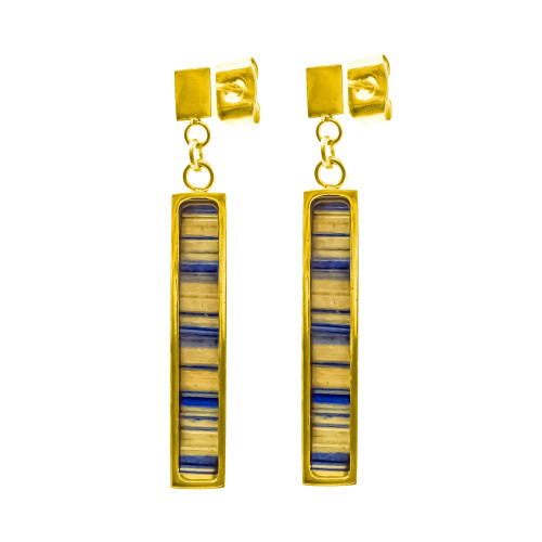 Boucles d'oreilles acier doré bois jaune et bleu - 25x5mm - Lily Parker