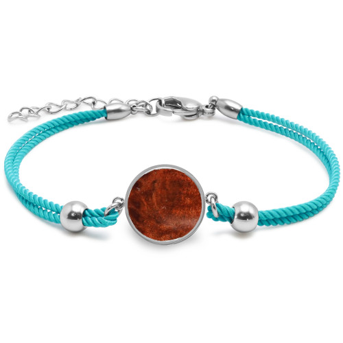 Bracelet acier coton bleu cyan, bois marron, 15mm - 15+5cm - Lily Parker