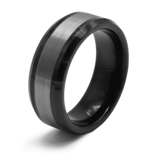 Bague tungstène - intérieur confort noir - 2 tons - noirs et blancs - effet brossé - Carla Valenti