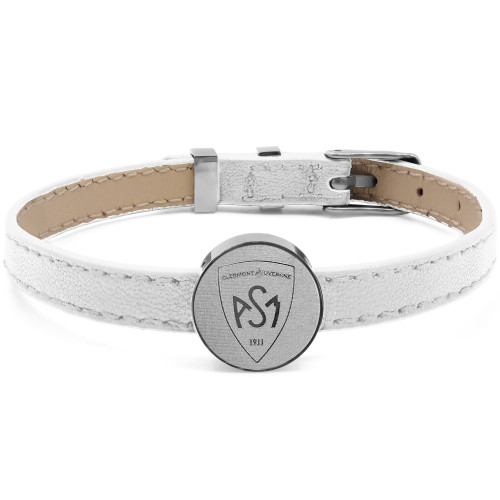 Bracelet ASM - acier cuir blanc - Logo blason ASM - argenté mat – Bijoux Officiels ASM Clermont