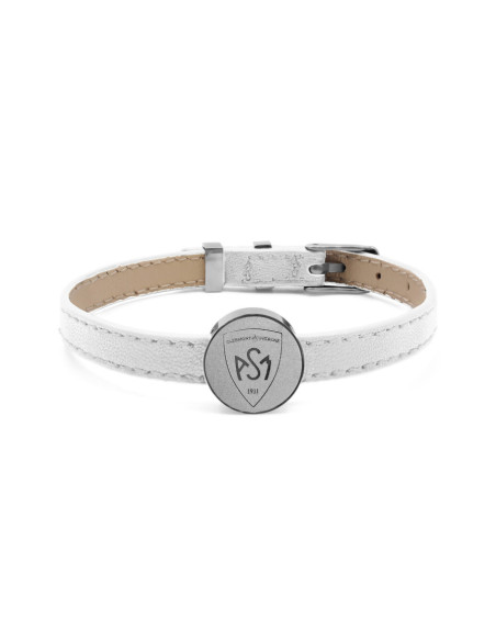 Bracelet ASM - acier cuir blanc - Logo blason ASM - argenté mat – Bijoux Officiels ASM Clermont