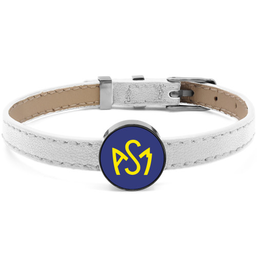 Bracelet ASM - acier cuir blanc - Logo  jaune fond bleu – Bijoux Officiels ASM Clermont