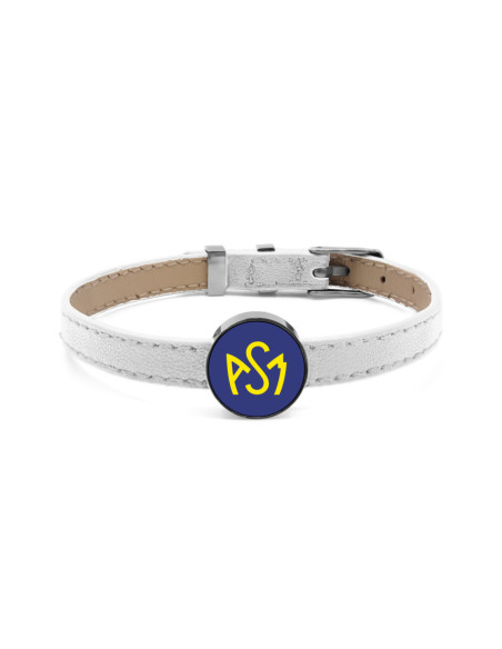 Bracelet ASM - acier cuir blanc - Logo  jaune fond bleu – Bijoux Officiels ASM Clermont
