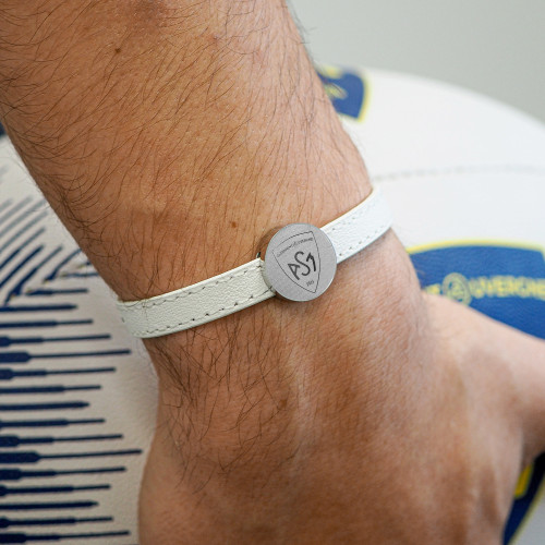 Bracelet ASM - acier cuir blanc - Logo blason ASM - argenté mat – Bijoux Officiels ASM Clermont 2