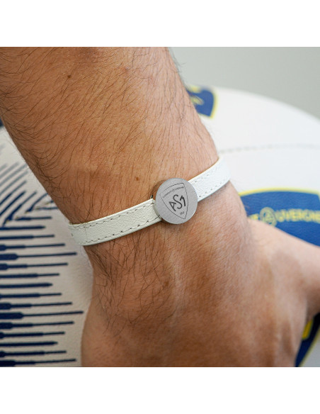 Bracelet ASM - acier cuir blanc - Logo blason ASM - argenté mat – Bijoux Officiels ASM Clermont