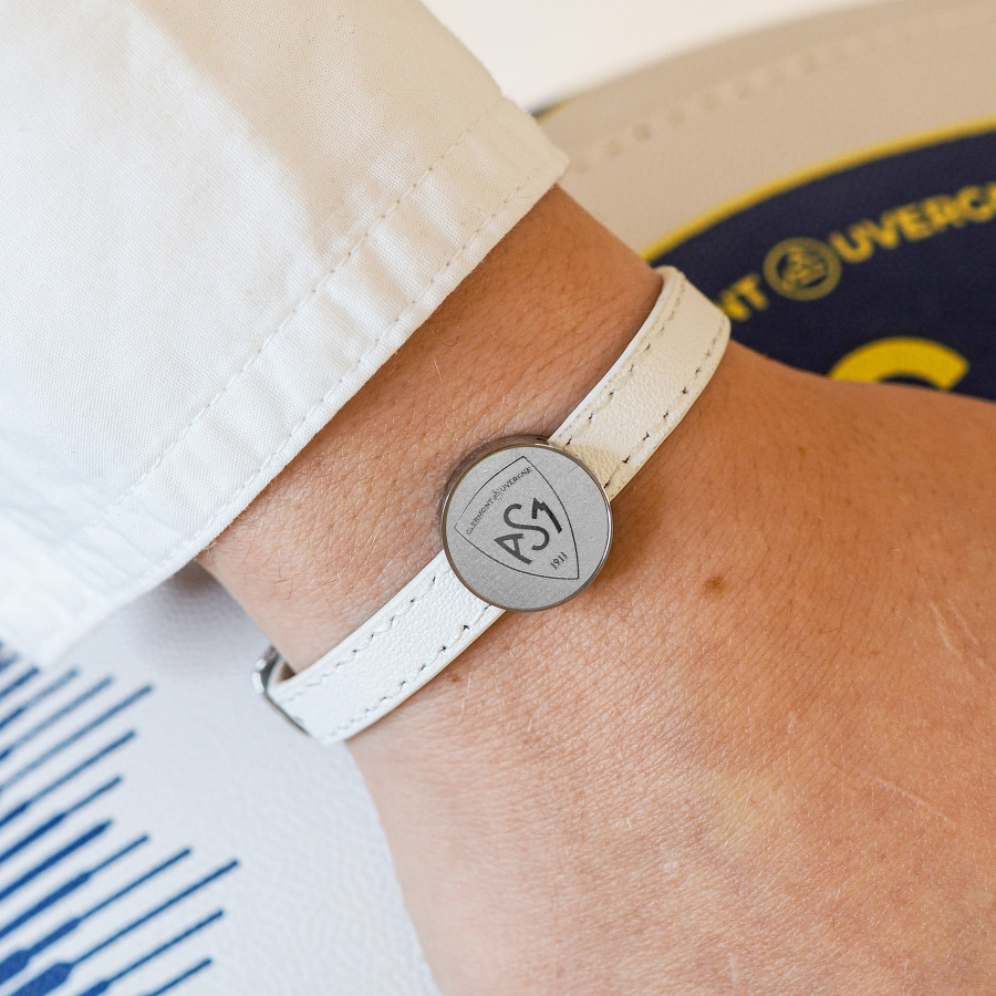 Bracelet ASM - acier cuir blanc - Logo blason ASM - argenté mat – Bijoux Officiels ASM Clermont