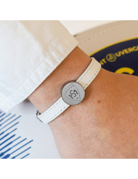 Bracelet ASM - acier cuir blanc - Logo blason ASM - argenté mat – Bijoux Officiels ASM Clermont