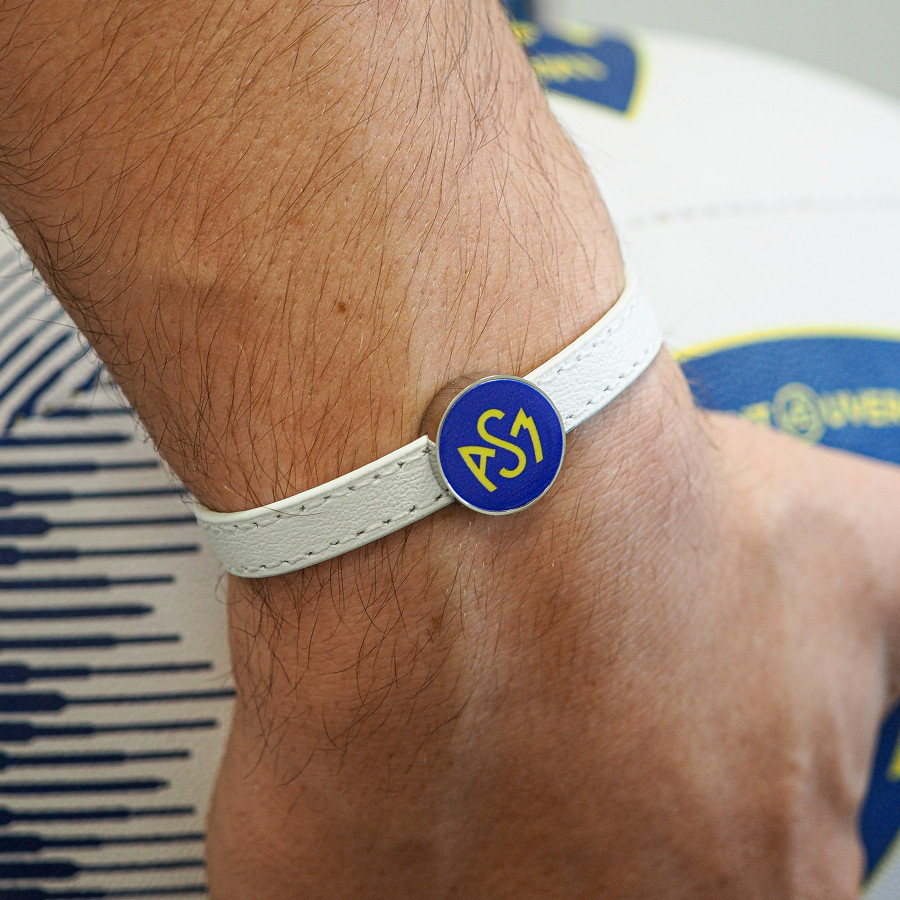 Bracelet ASM - acier cuir blanc - Logo  jaune fond bleu – Bijoux Officiels ASM Clermont