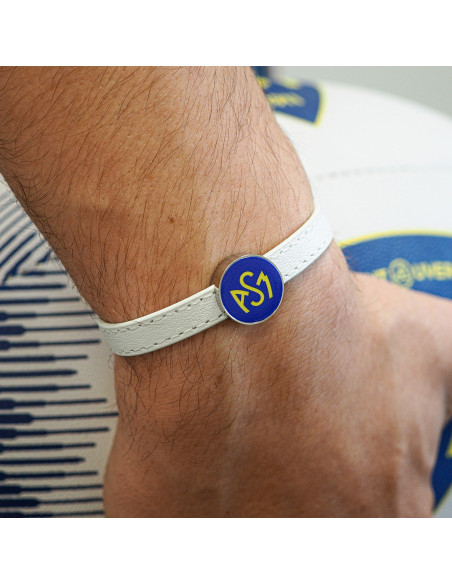 Bracelet ASM - acier cuir blanc - Logo  jaune fond bleu – Bijoux Officiels ASM Clermont