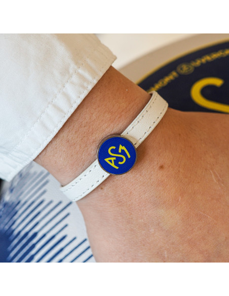 Bracelet ASM - acier cuir blanc - Logo  jaune fond bleu – Bijoux Officiels ASM Clermont