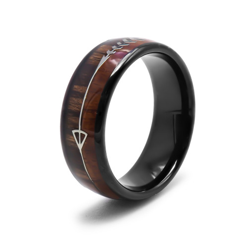 Bague tungstène - PVD noir - bois 2 tons - largeur 8mm Koa + Ebony - Carla Valenti