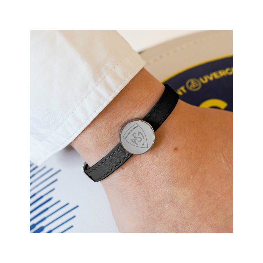 Bracelet ASM - acier cuir noir - Logo blason ASM - argenté brillant – Bijoux Officiels ASM Clermont