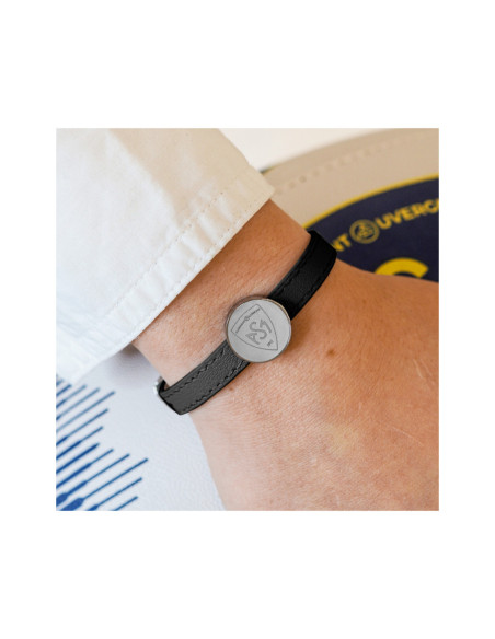 Bracelet ASM - acier cuir noir - Logo blason ASM - argenté brillant – Bijoux Officiels ASM Clermont