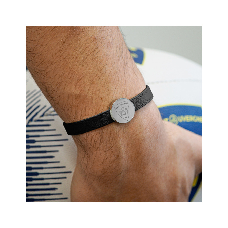 Bracelet ASM - acier cuir noir - Logo blason ASM - argenté brillant – Bijoux Officiels ASM Clermont