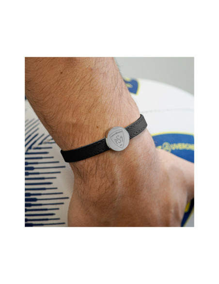 Bracelet ASM - acier cuir noir - Logo blason ASM - argenté brillant – Bijoux Officiels ASM Clermont