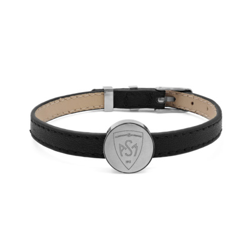 Bracelet ASM - acier cuir noir - Logo blason ASM - argenté brillant – Bijoux Officiels ASM Clermont