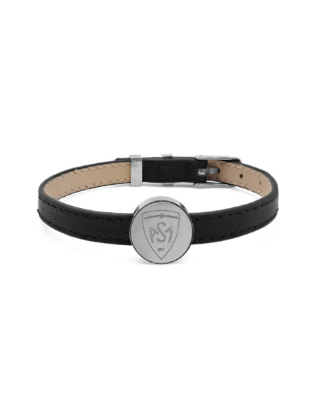 Bracelet ASM - acier cuir noir - Logo blason ASM - argenté brillant – Bijoux Officiels ASM Clermont