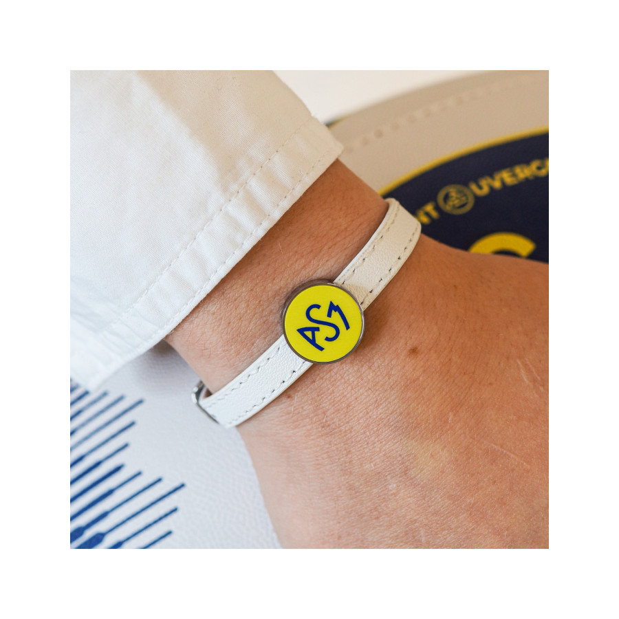 Bracelet ASM - acier cuir blanc - Logo bleu fond jaune – Bijoux Officiels ASM Clermont