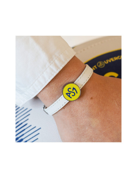 Bracelet ASM - acier cuir blanc - Logo bleu fond jaune – Bijoux Officiels ASM Clermont