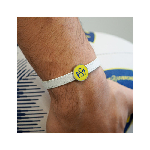 Bracelet ASM - acier cuir blanc - Logo bleu fond jaune – Bijoux Officiels ASM Clermont