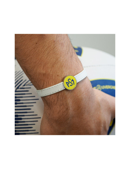 Bracelet ASM - acier cuir blanc - Logo bleu fond jaune – Bijoux Officiels ASM Clermont