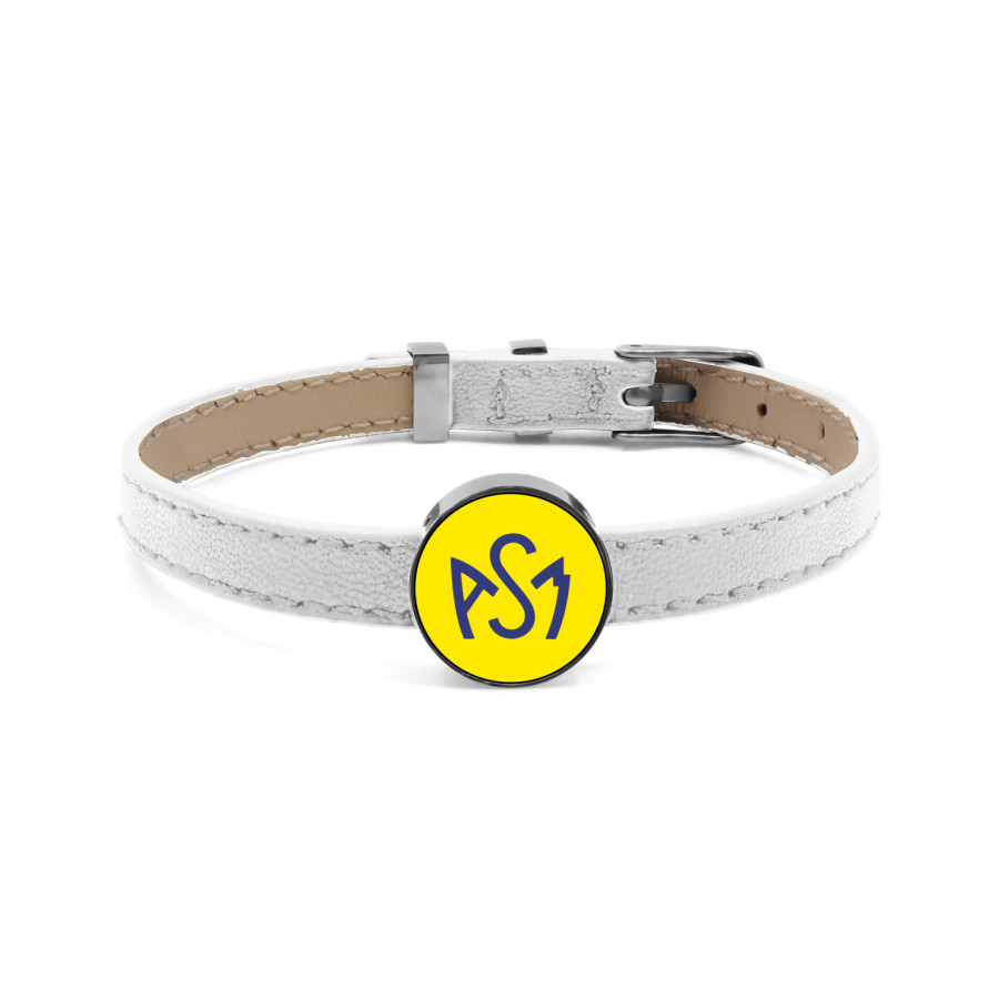 Bracelet ASM - acier cuir blanc - Logo bleu fond jaune – Bijoux Officiels ASM Clermont
