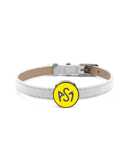 Bracelet ASM - acier cuir blanc - Logo bleu fond jaune – Bijoux Officiels ASM Clermont
