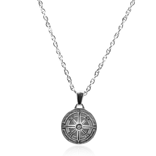 Collier en acier - couleur argent - maille palmier - pendentif boussole 18x16x3,5mm - zircon - 40+7cm - Carla Valenti