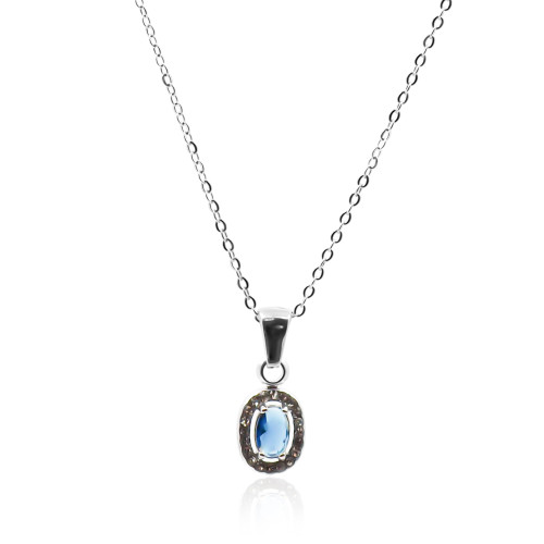 Collier en acier - couleur argent - maille forçat - pendentif coeur 13x8x3mm - zircons - pierre bleue 6x4 mm - 38+7cm - Carla Va