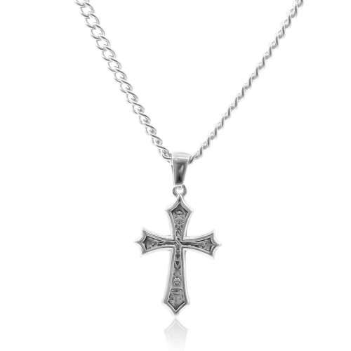 Collier en acier - couleur argent - maille palmier - pendentif croix 25x17x2mm - 42+7cm - Carla Valenti