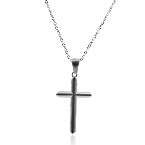 Collier en acier - couleur argent - maille forçat - pendentif croix 29x16x1mm - 40+7cm - Carla Valenti