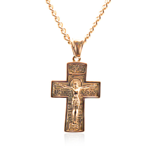 Collier en acier - doré - maille gourmette - pendentif croix jesus 29x25x3mm - 42+10cm - Carla Valenti