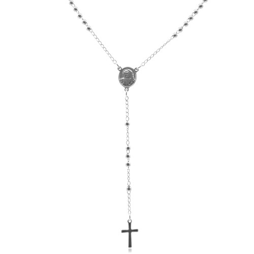 Collier chapelet en acier - couleur argent - medaillon et croix - 50+10cm - Carla Valenti