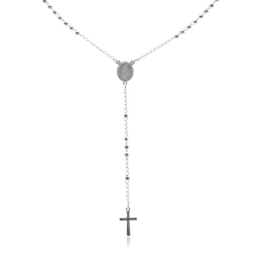 Collier chapelet en acier - couleur argent - medaillon et croix - billes couleur argent et doré - 50+10cm - Carla Valenti
